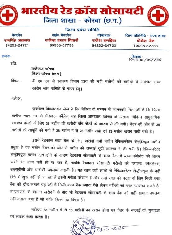 DMF फंड से खरीदी गई 38 मेडिकल मशीनों में 13 खराब, रेड क्रॉस सोसायटी ने उच्च स्तरीय जांच समिति की मांग की
