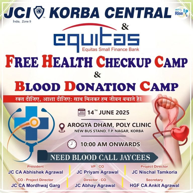 JCI Korba Central और Equitas Bank द्वारा स्वास्थ्य जांच और रक्तदान शिविर का आयोजन