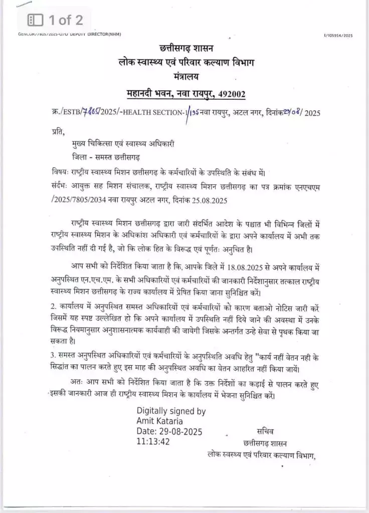 एनएचएम कर्मचारियों के लिए चेतावनी आदेश जारी, काम पर नहीं लौटने पर होगी सेवा समाप्ति की कार्रवाई